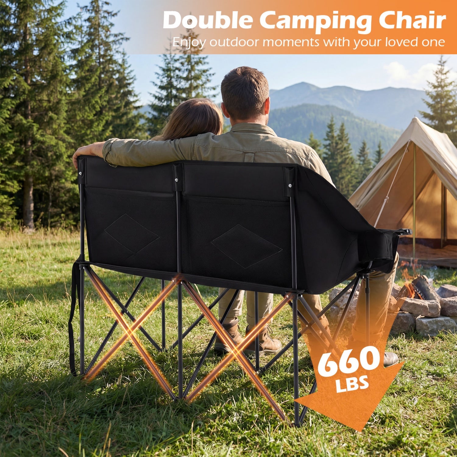 GemGear double camping chair with cup holders, glass racks and mesh pockets, black fabric on Tampa Home & Garden Store
