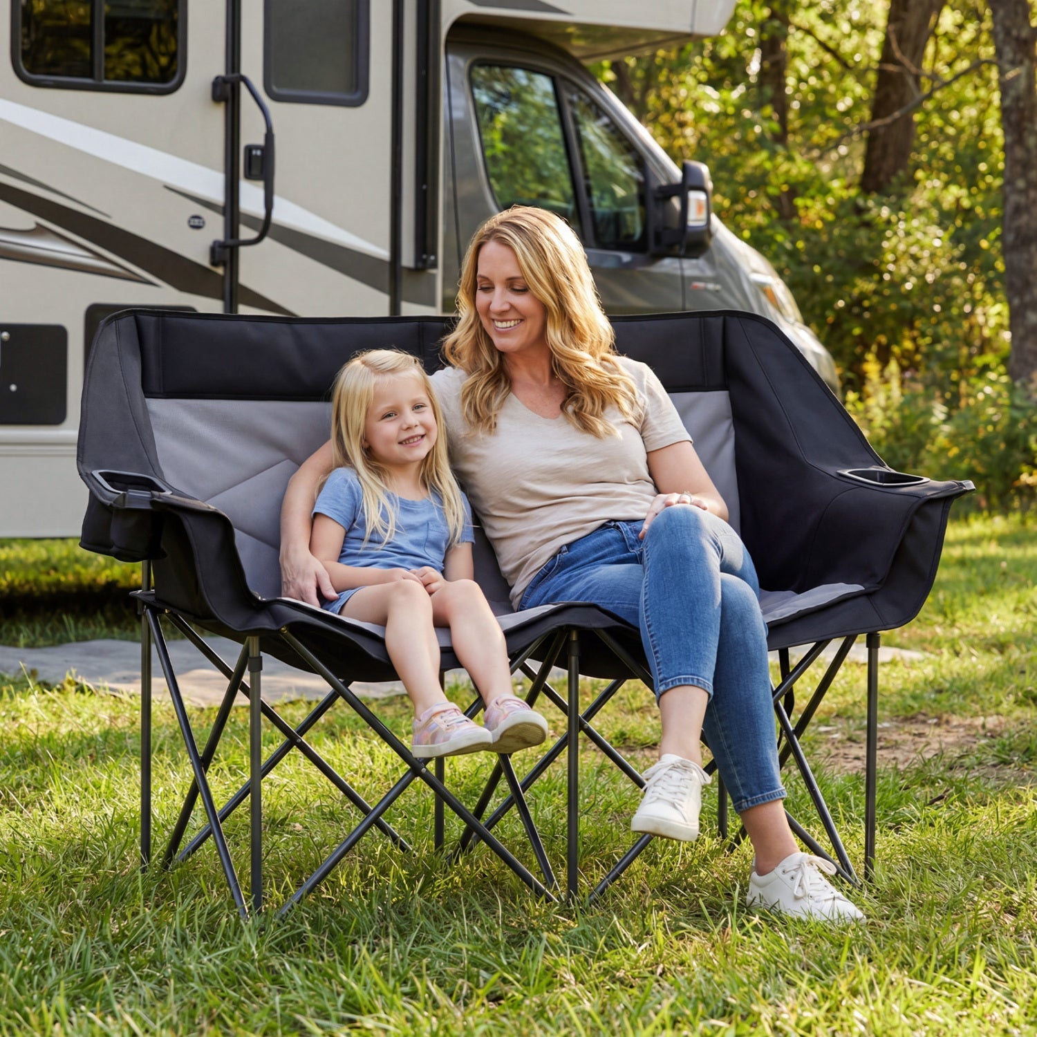GemGear double camping chair with cup holders and mesh pockets in black with gray panels on Tampa Home & Garden Store