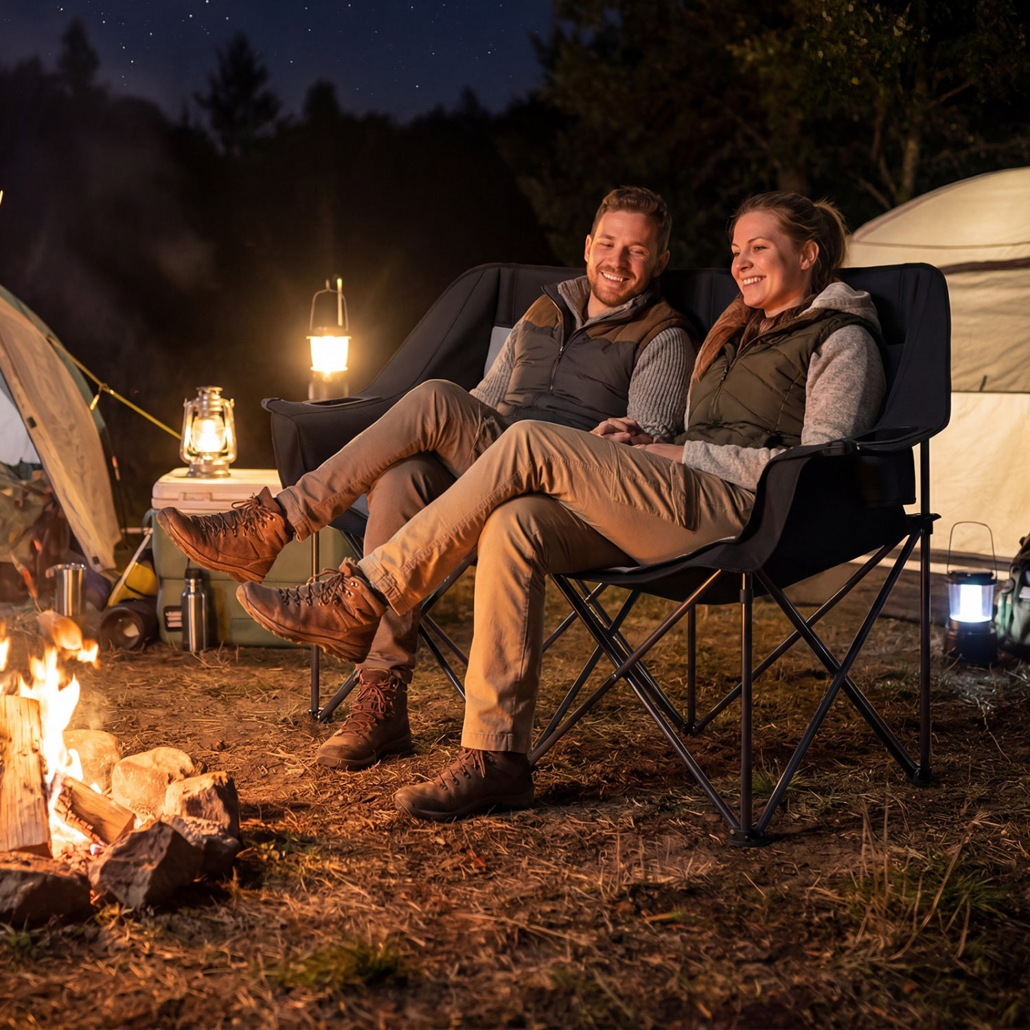 GemGear double camping chair for two in navy fabric with cup holders and mesh pockets on Tampa Home & Garden Store
