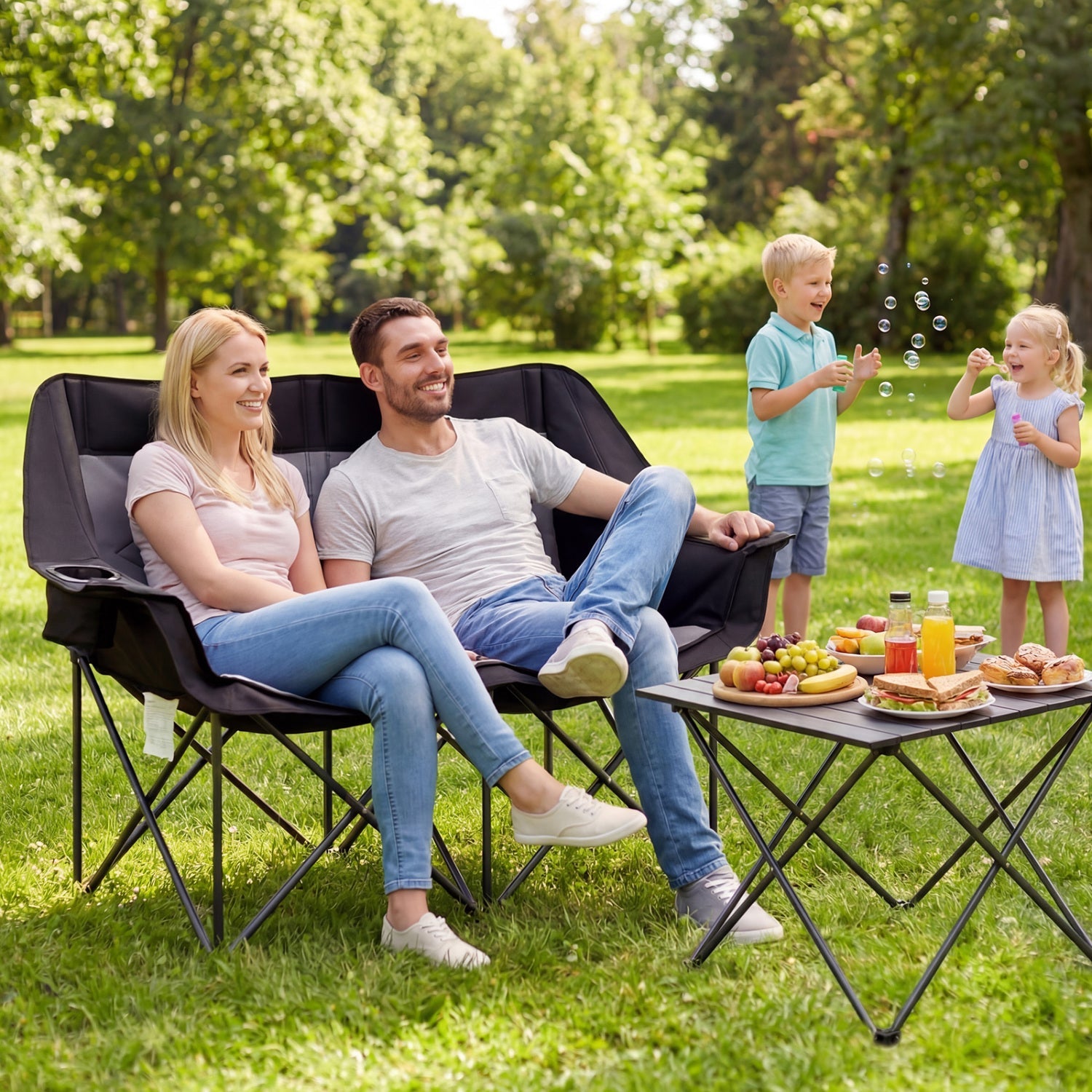 GemGear double camping chair in black fabric with cup holders and mesh pockets on Tampa Home & Garden Store