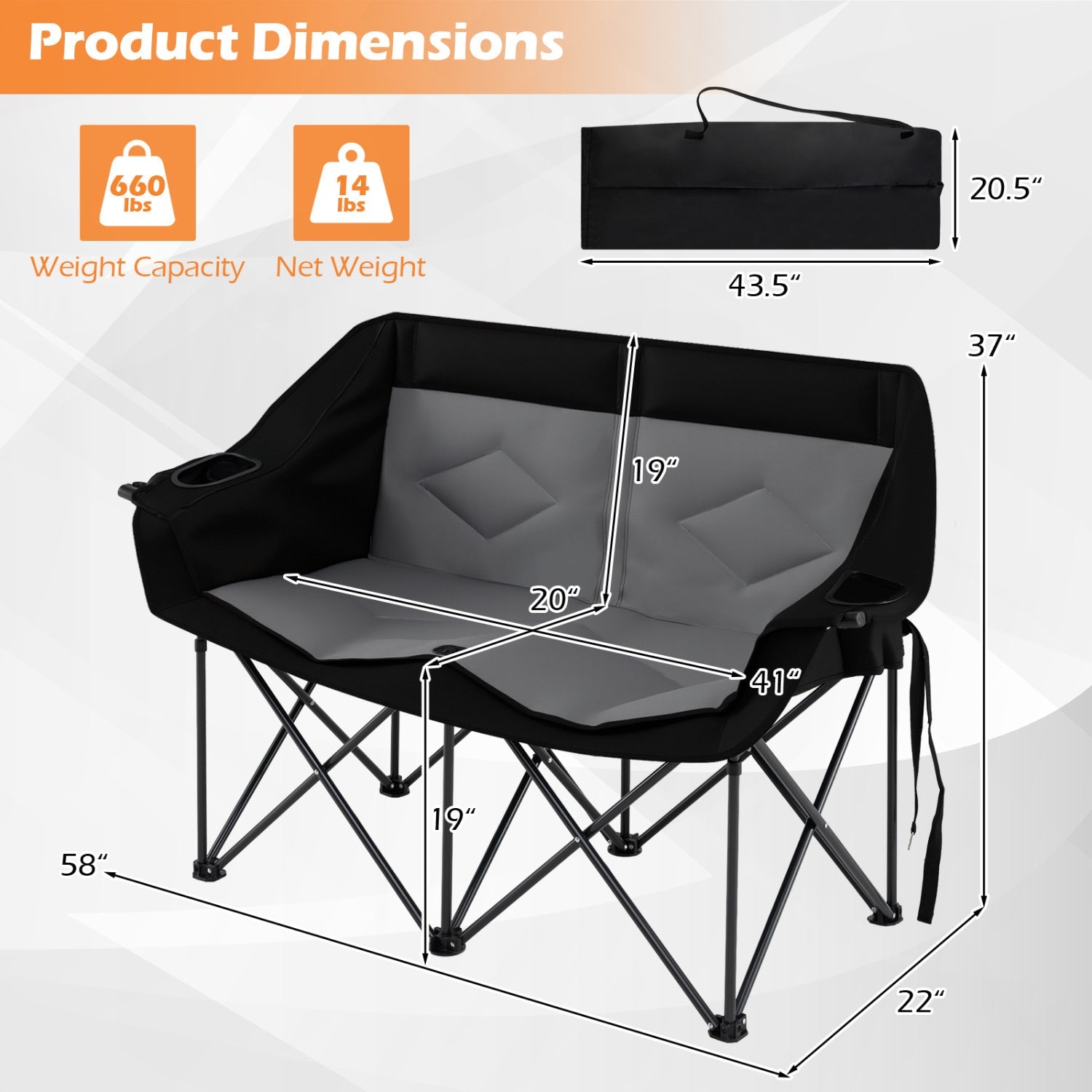 GemGear double camping chair black/gray with cup holders and mesh pockets folding frame on Tampa Home & Garden Store