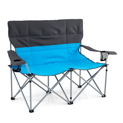Double camping chair with blue seat and dark gray back, built in cup holders on Tampa Home & Garden Store
