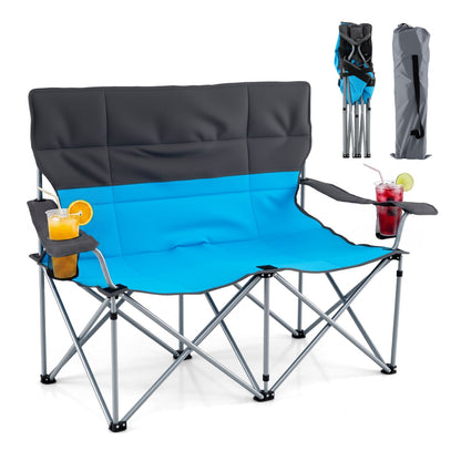 GemGear double camping chair with blue seat and gray back, cup holders on each arm, carry bag on Tampa Home & Garden Store