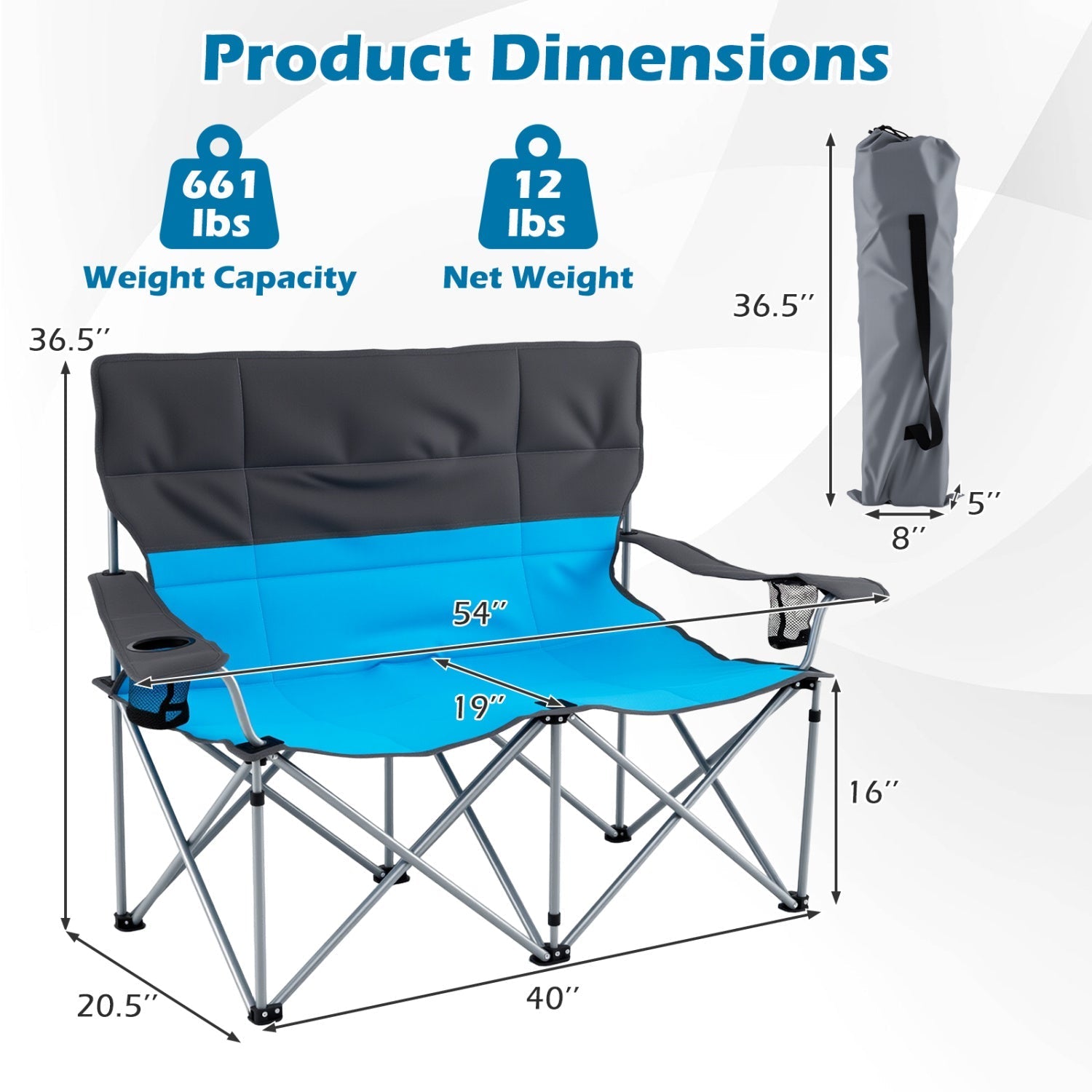 GemGear double camping chair with cup holders, blue seat and gray back, includes carry bag on Tampa Home & Garden Store