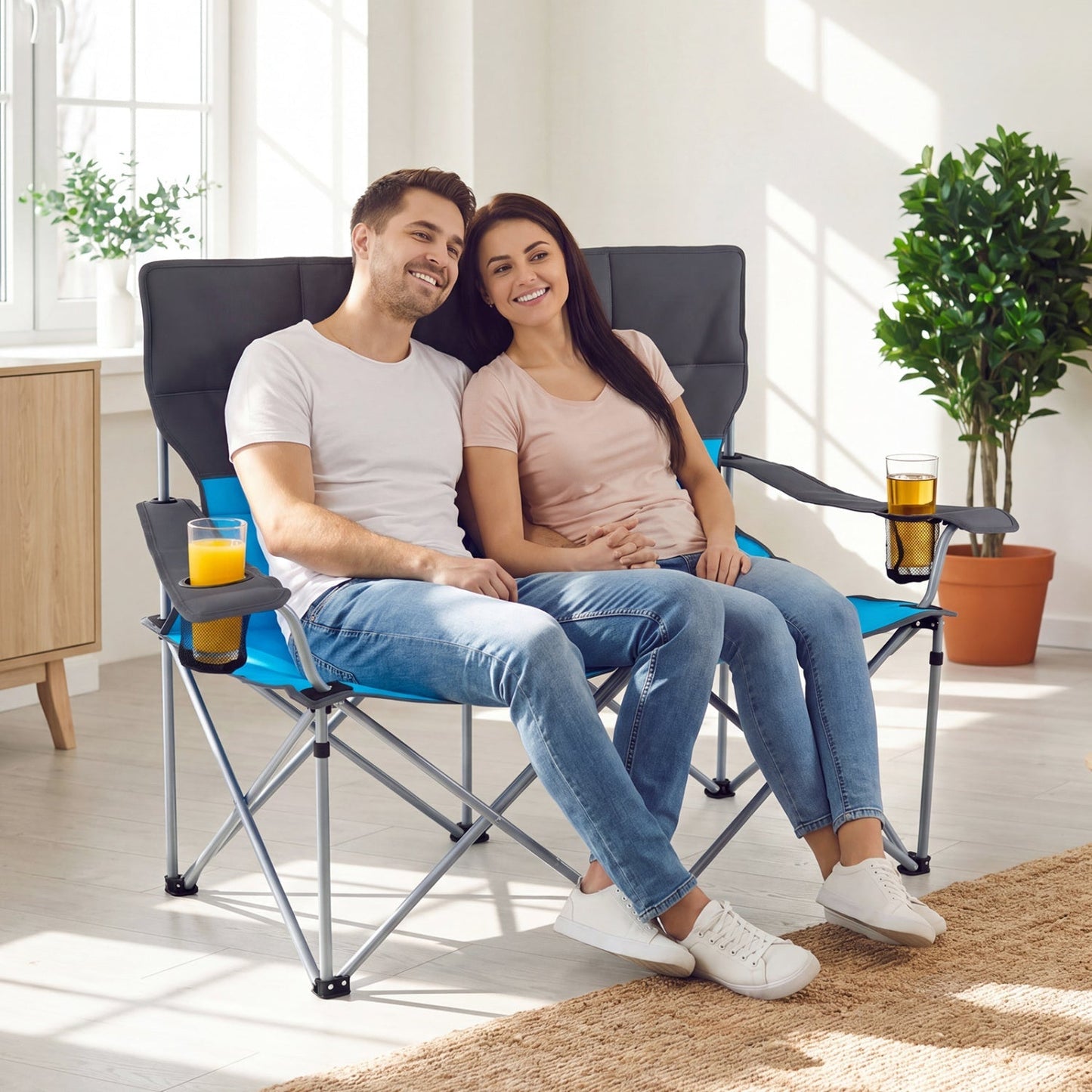 Double camping chair with cup holders by GemGear, blue and gray, foldable with carry bag on Tampa Home & Garden Store