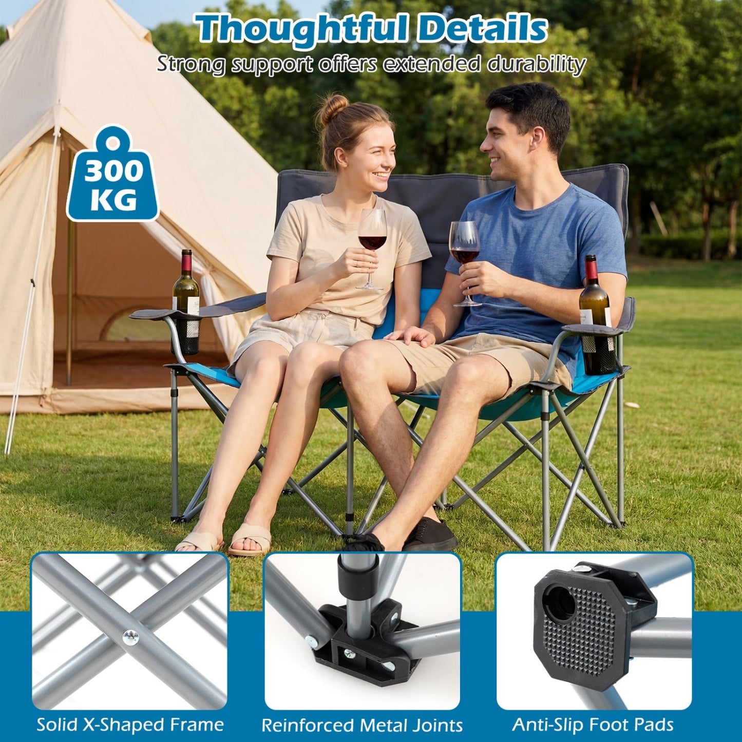 GemGear 2-person camping chair with carry bag, blue-gray fabric and cup holders on Tampa Home & Garden Store
