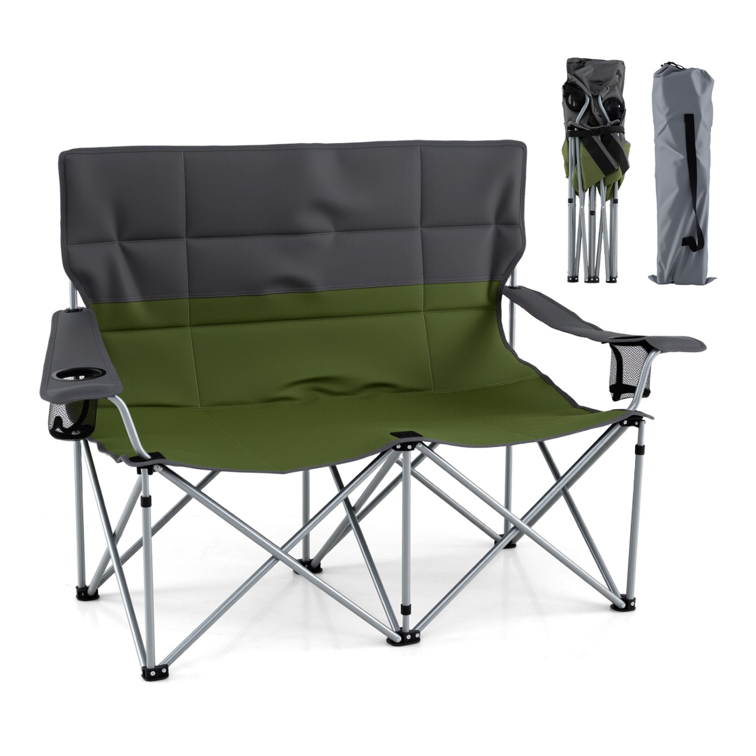 GemGear double camping chair in gray and olive green with cup holders and carry bag on Tampa Home & Garden Store