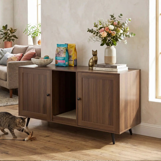 DirectDeals Double Cat Litter Box Enclosure with Scratching Pad in walnut wood cabinet on Tampa Home & Garden Store