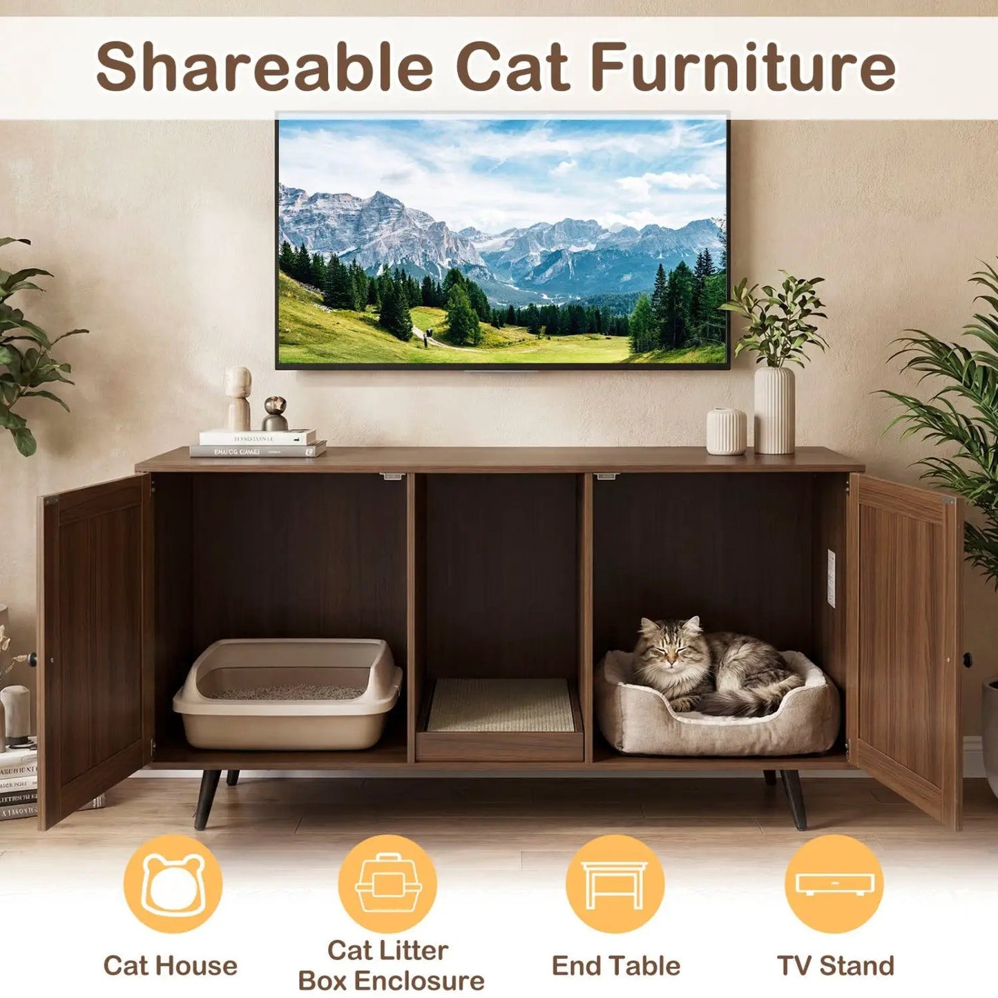 Double Cat Litter Enclosure With Scratching Pad