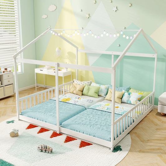 Double Floor Bed for Twins House Beds with Safety Guardrails for 2 Kids-White - Tampa Home & Garden Store