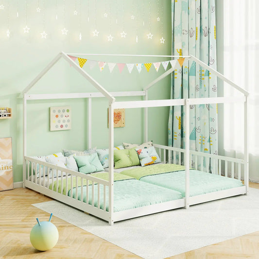 DirectDeals Double Floor Bed for Twins with Guardrails in white frame; two twin mattresses on Tampa Home & Garden Store