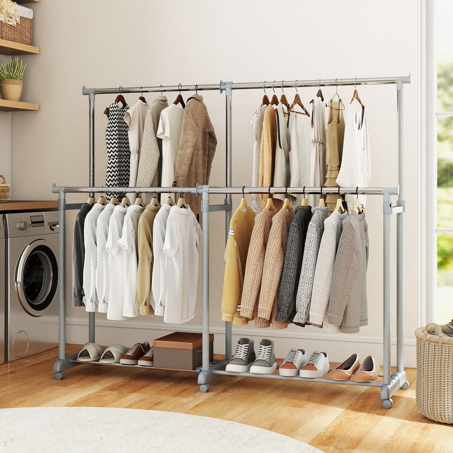 Double Rod Clothes Rack Heavy-Duty Metal Garment Rack