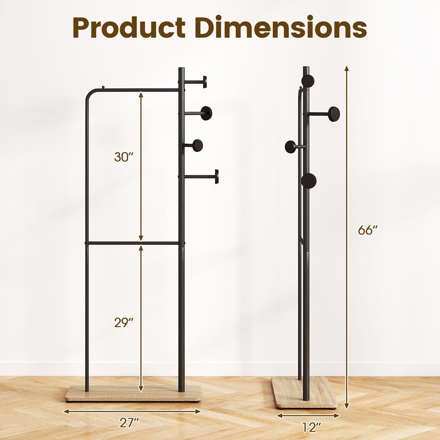 Double Rods Clothes Hanging Rack with Rubber Wood Hooks