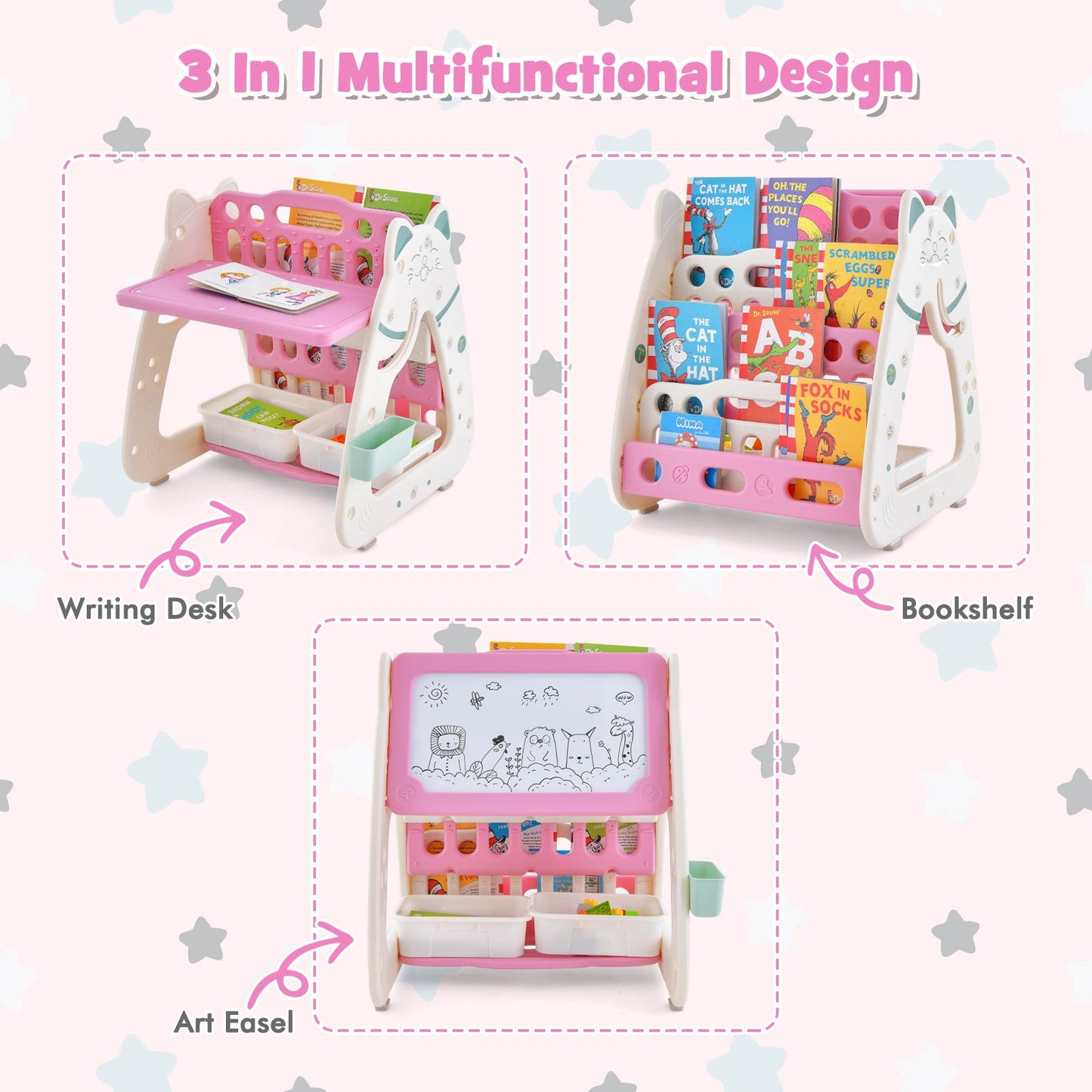 3-In-1 Double Sided Magnetic Dry-Erase Board with Stool and Flipped Writing Desktop