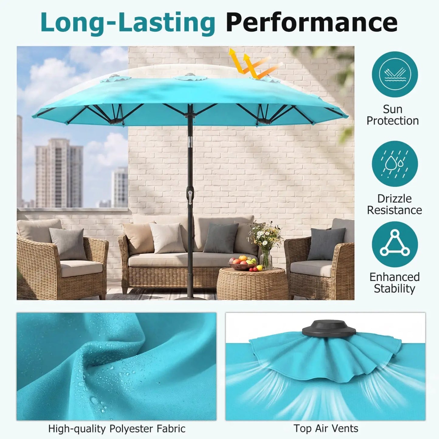 Double Sided Patio Umbrella Adjustable Tilt Crank