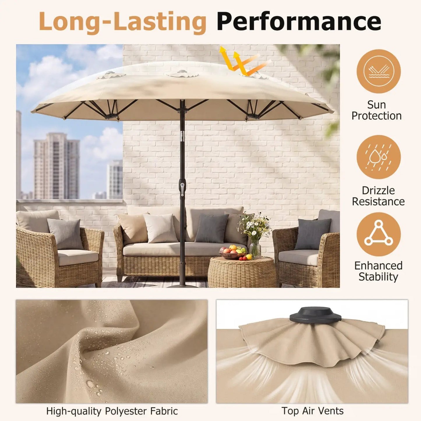 Double Sided Patio Umbrella Adjustable Tilt Crank