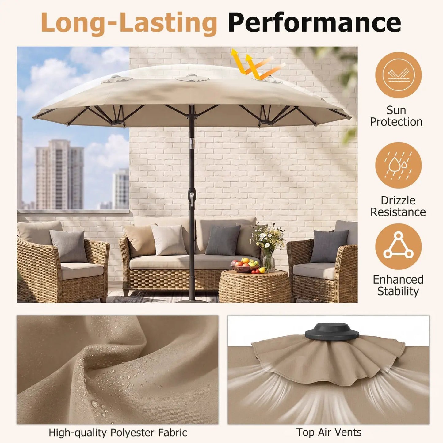 Double Sided Patio Umbrella Adjustable Tilt Crank