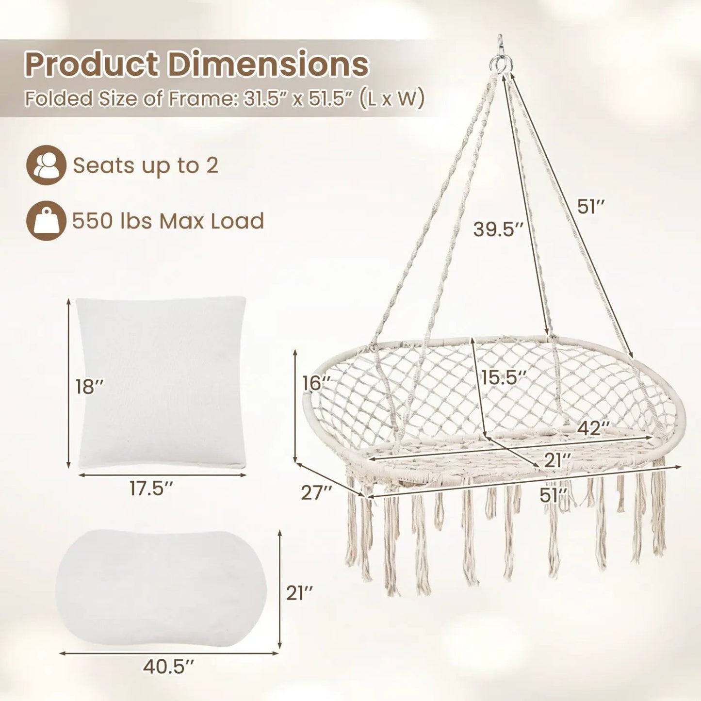 Double Swing Chair With Cushions Macrame Hammock