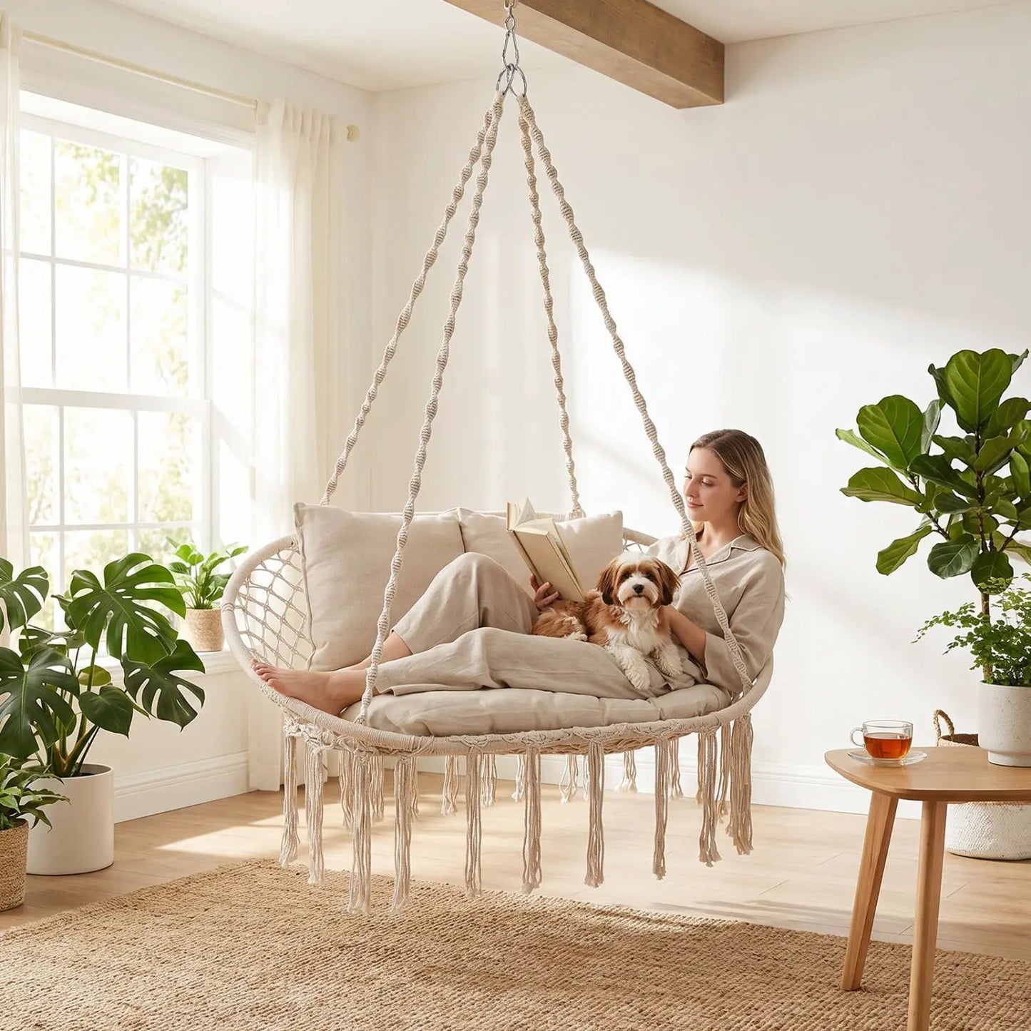 Double Swing Chair With Cushions Macrame Hammock