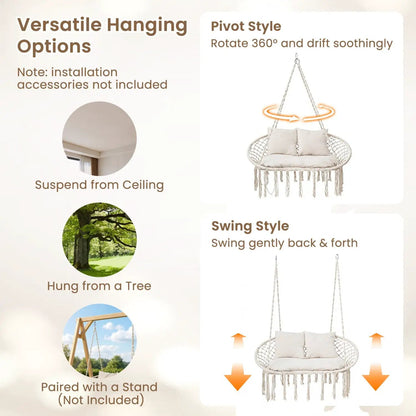 Double Swing Chair With Cushions Macrame Hammock