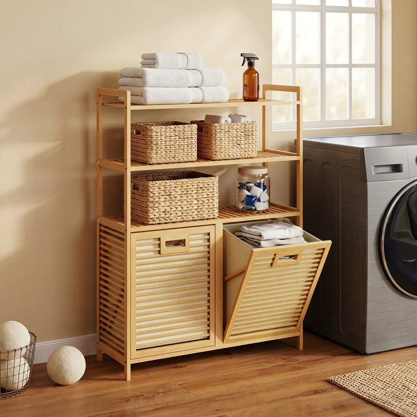 Double Tilt Out Laundry Hamper With 3 Shelves