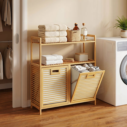 Double Tilt-Out Laundry Hamper with 2 Shelves in natural bamboo by DirectDeals, towels neatly stacked on top shelf on Tampa Home & Garden Store