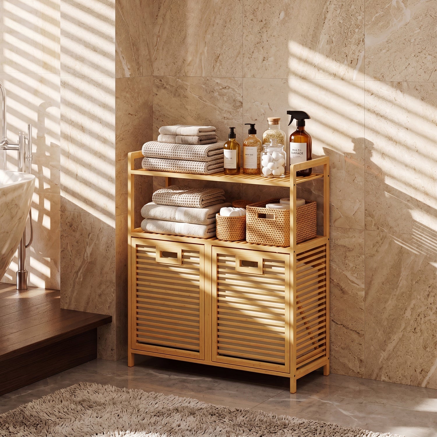 Double Tilt-Out Laundry Hamper with 2 Shelves in natural bamboo by DirectDeals on Tampa Home & Garden Store