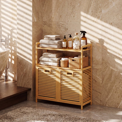 Double Tilt-Out Laundry Hamper with 2 Shelves in natural bamboo by DirectDeals on Tampa Home & Garden Store