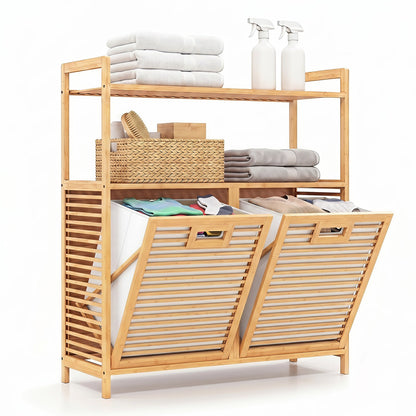 DirectDeals Double Tilt-Out Laundry Hamper with 2 Shelves natural bamboo bottom tilt-out on Tampa Home & Garden Store