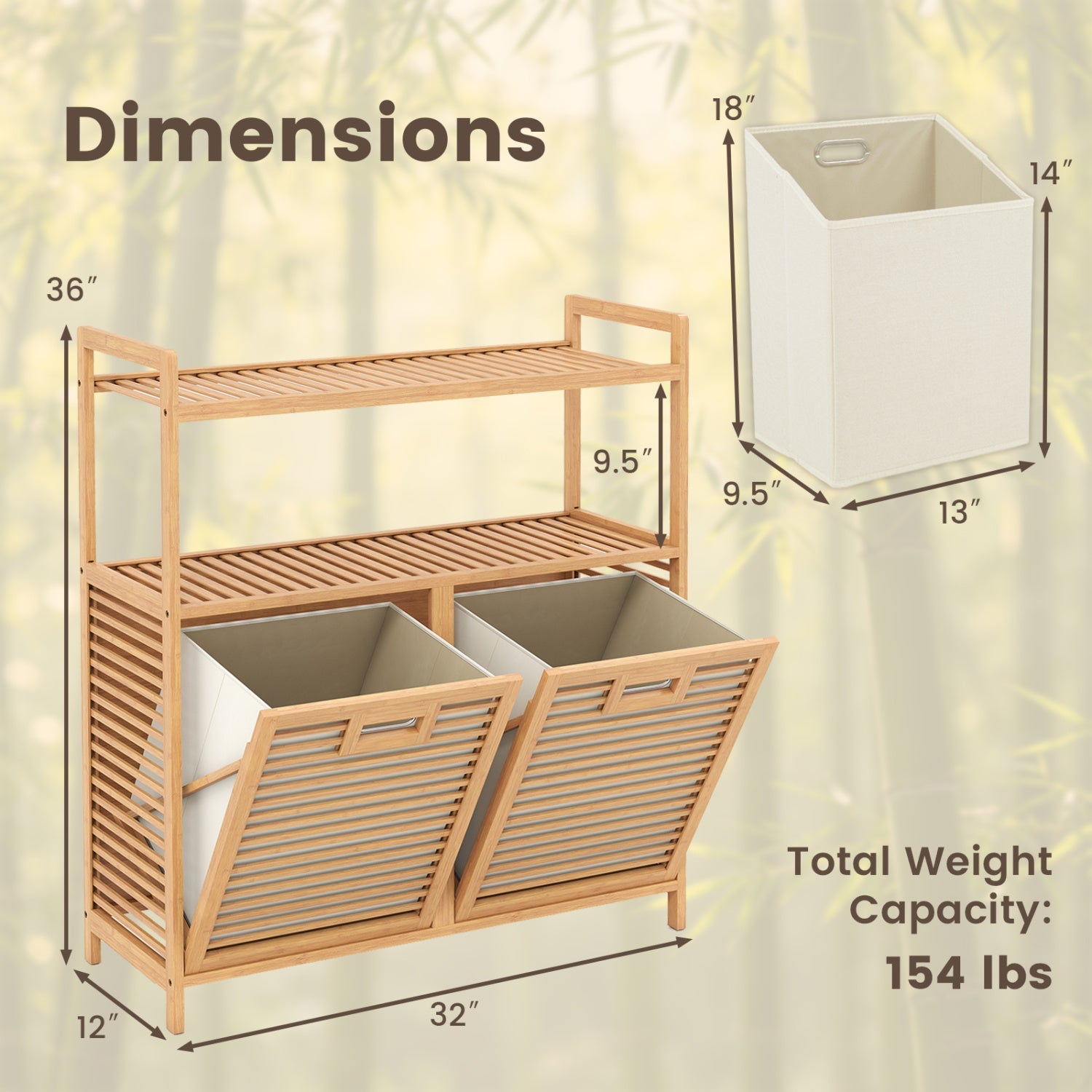 Double Tilt-Out Laundry Hamper with 2 Shelves, Natural Bamboo by DirectDeals, 32 in long on Tampa Home & Garden Store