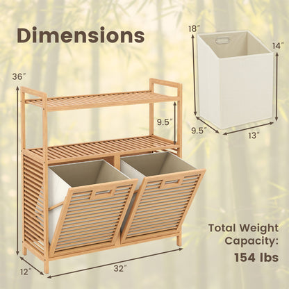 Double Tilt-Out Laundry Hamper with 2 Shelves, Natural Bamboo by DirectDeals, 32 in long on Tampa Home & Garden Store