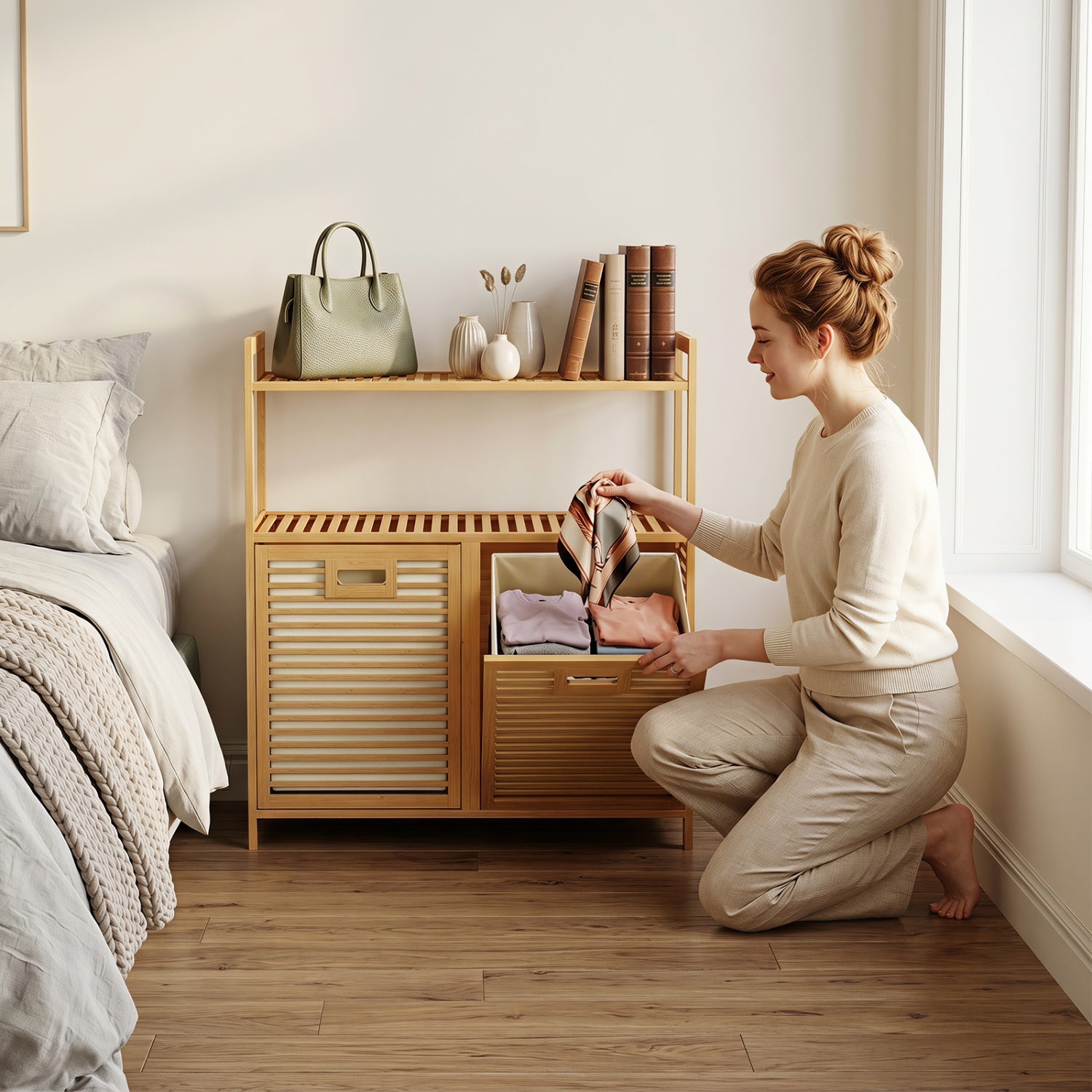 Double Tilt-Out Laundry Hamper with 2 Shelves in natural bamboo, olive tote on top shelf on Tampa Home & Garden Store
