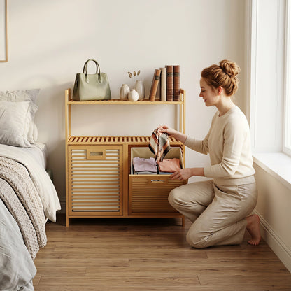 Double Tilt-Out Laundry Hamper with 2 Shelves in natural bamboo, olive tote on top shelf on Tampa Home & Garden Store