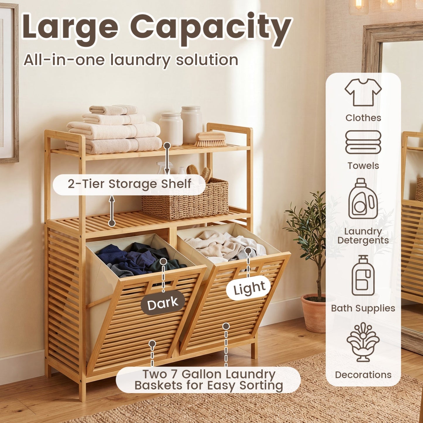 DirectDeals Double Tilt-Out Laundry Hamper in natural bamboo with two bottom baskets on Tampa Home & Garden Store