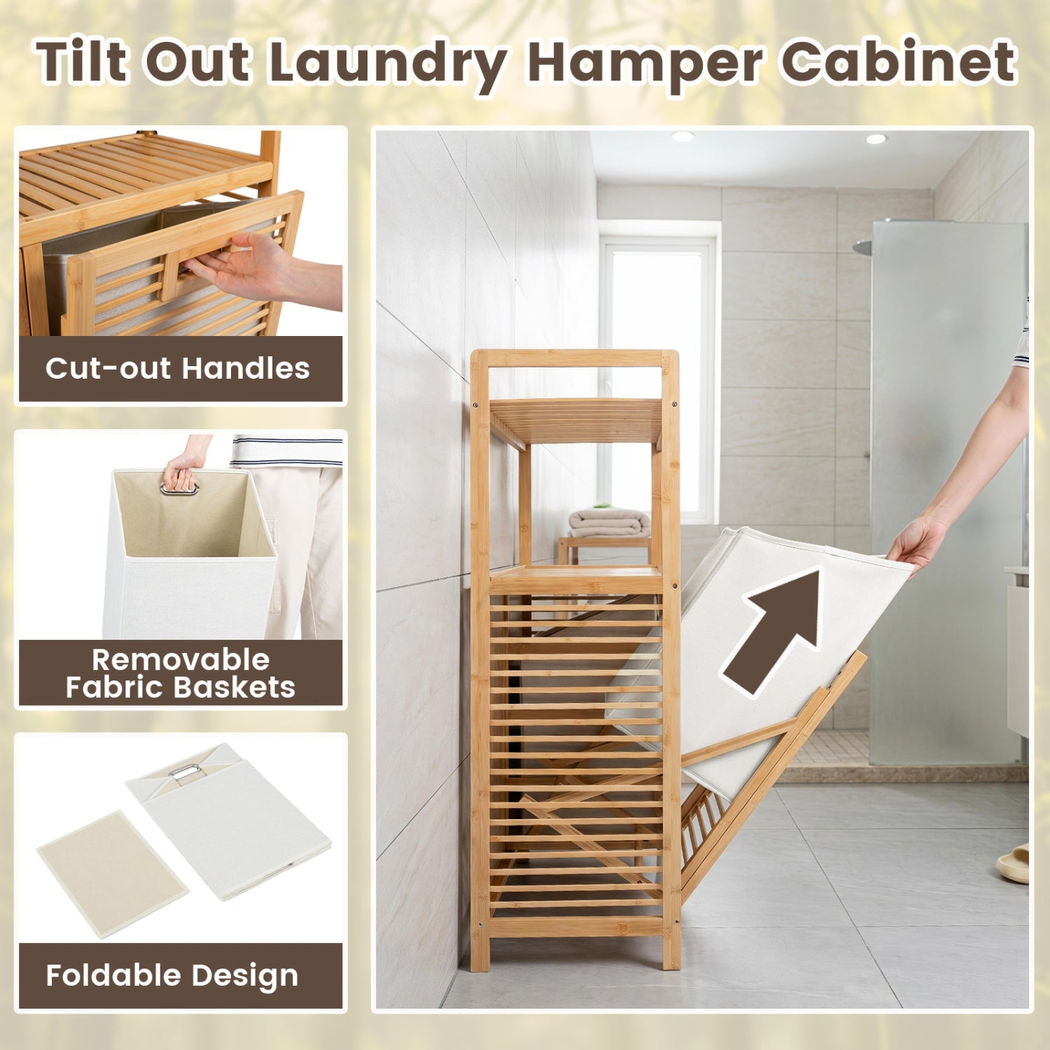 Double Tilt-Out Laundry Hamper Cabinet natural bamboo with 2 shelves and fabric baskets on Tampa Home & Garden Store