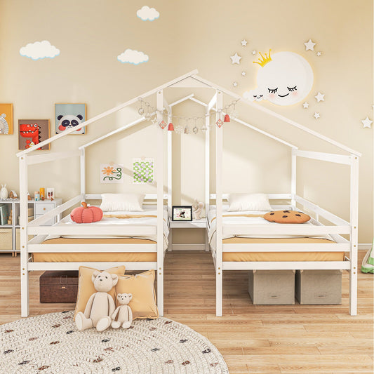 Double Twin Size Wooden Bed Frames with Built-in Table for Kids-White - Tampa Home & Garden Store