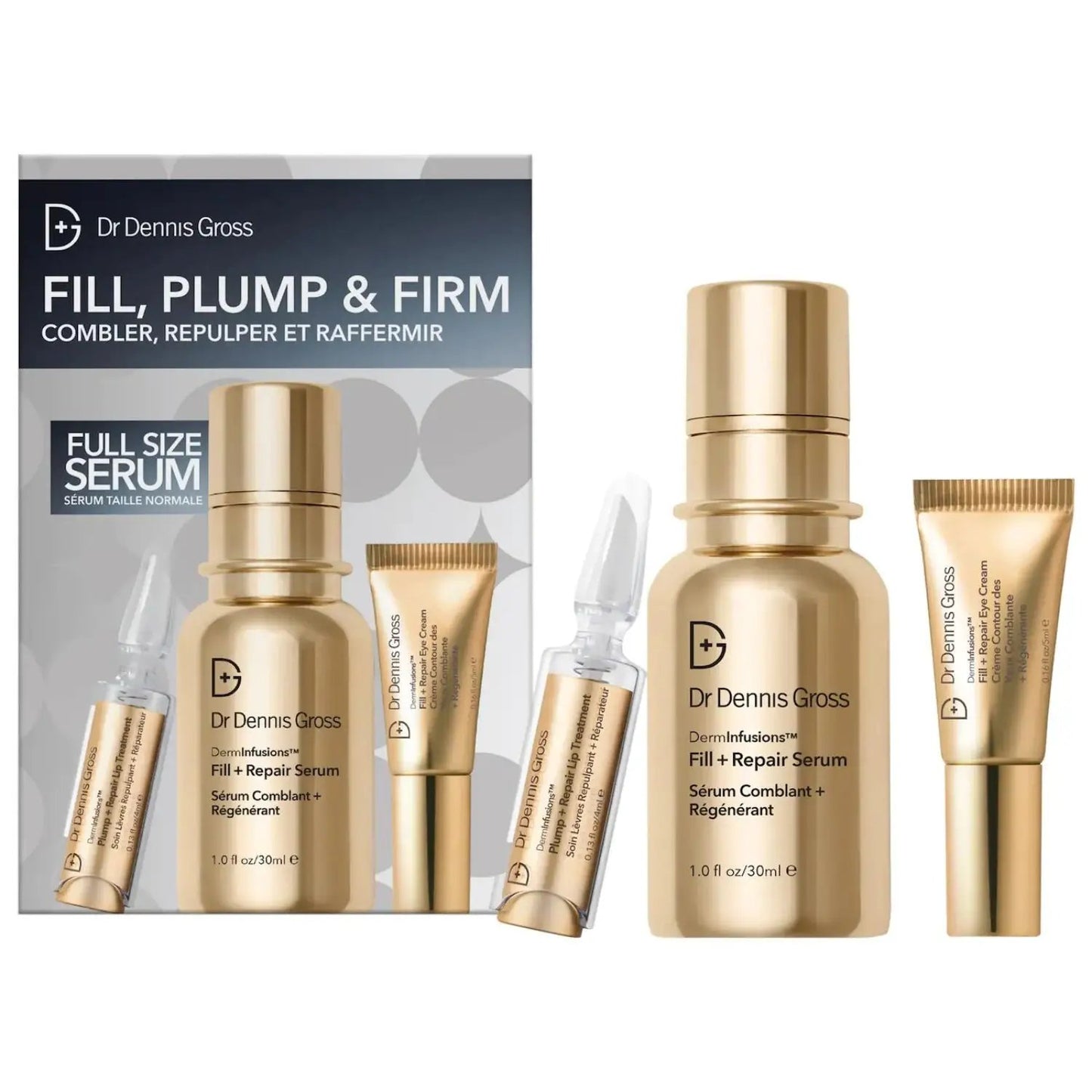 Dr Dennis Gross Fill, Plump & Firm Skincare Set with gold-toned serum bottle and tubes on Tampa Home & Garden Store