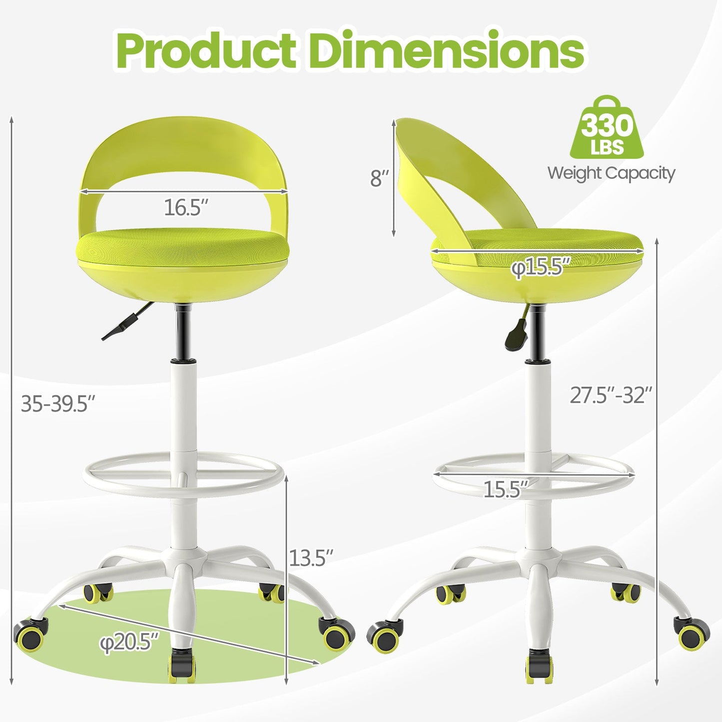 Drafting Stool Rolling Tall Desk Chair with Wheels-Green