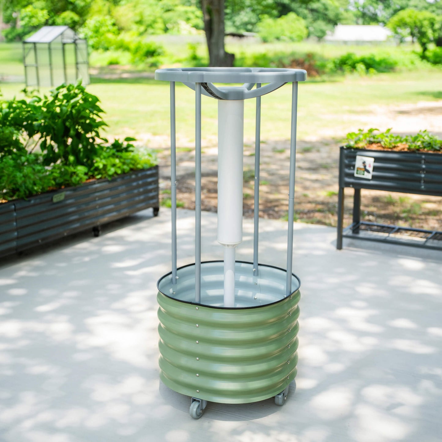 Classic Rolling Dragon Fruit Planter Gen 2 planter on gray frame with green base on casters on Tampa Home & Garden Store