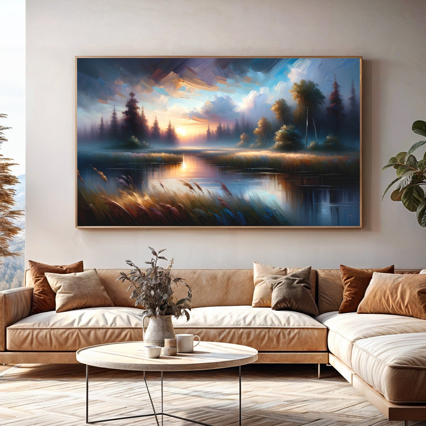 Canvas print Dreaming Dusk large framed blue sunset landscape over a tranquil lake with trees on Tampa Home & Garden Store