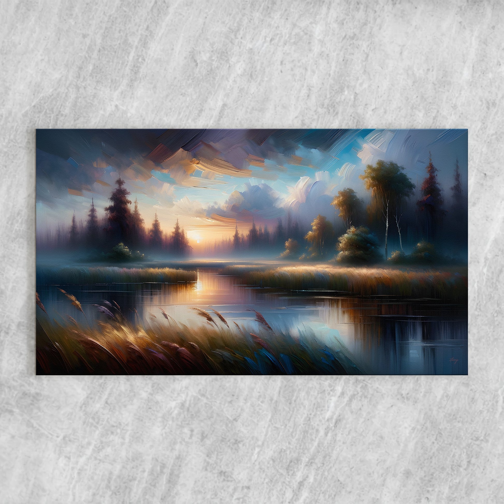Canvas Print Dreaming Dusk by Tailored Canvases; sunset lake landscape with trees on Tampa Home & Garden Store