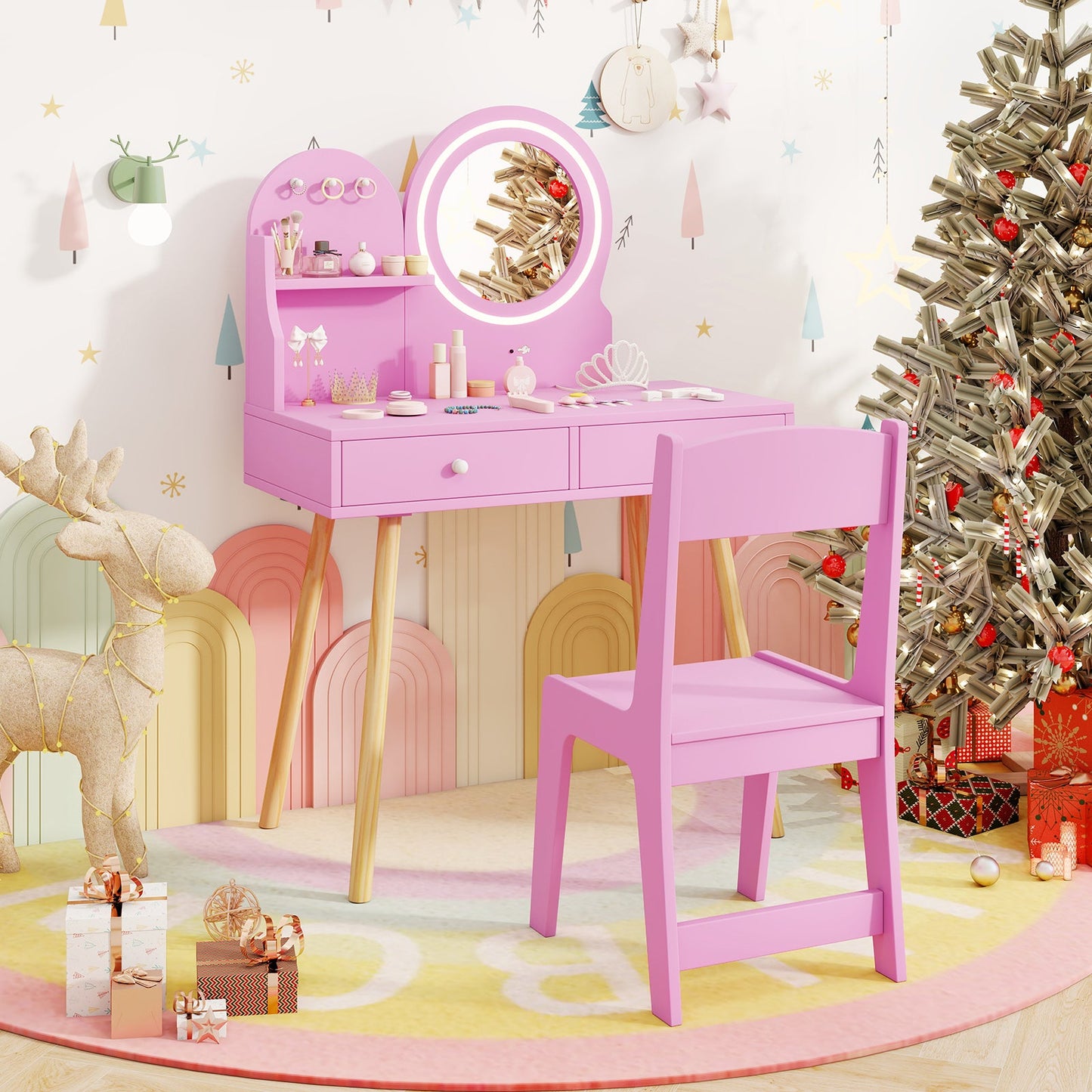 Kids Princess Makeup Dressing Desk and Chair Set with Mirror and Lights - Tampa Home & Garden Store