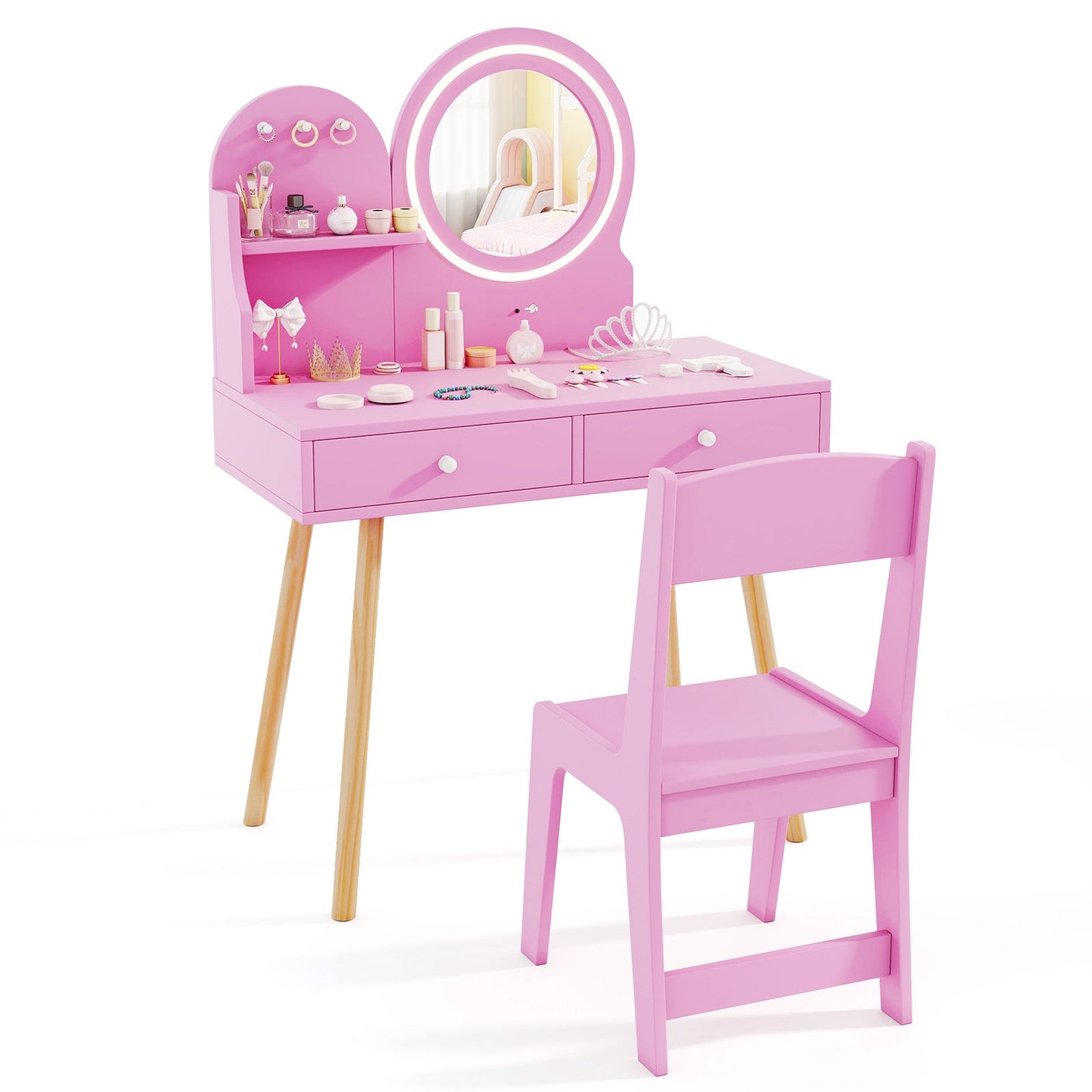 Kids Princess Makeup Dressing Desk and Chair Set with Mirror and Lights - Tampa Home & Garden Store