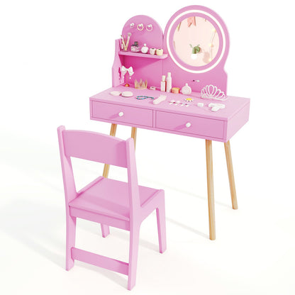 Kids Princess Makeup Dressing Desk and Chair Set with Mirror and Lights - Tampa Home & Garden Store