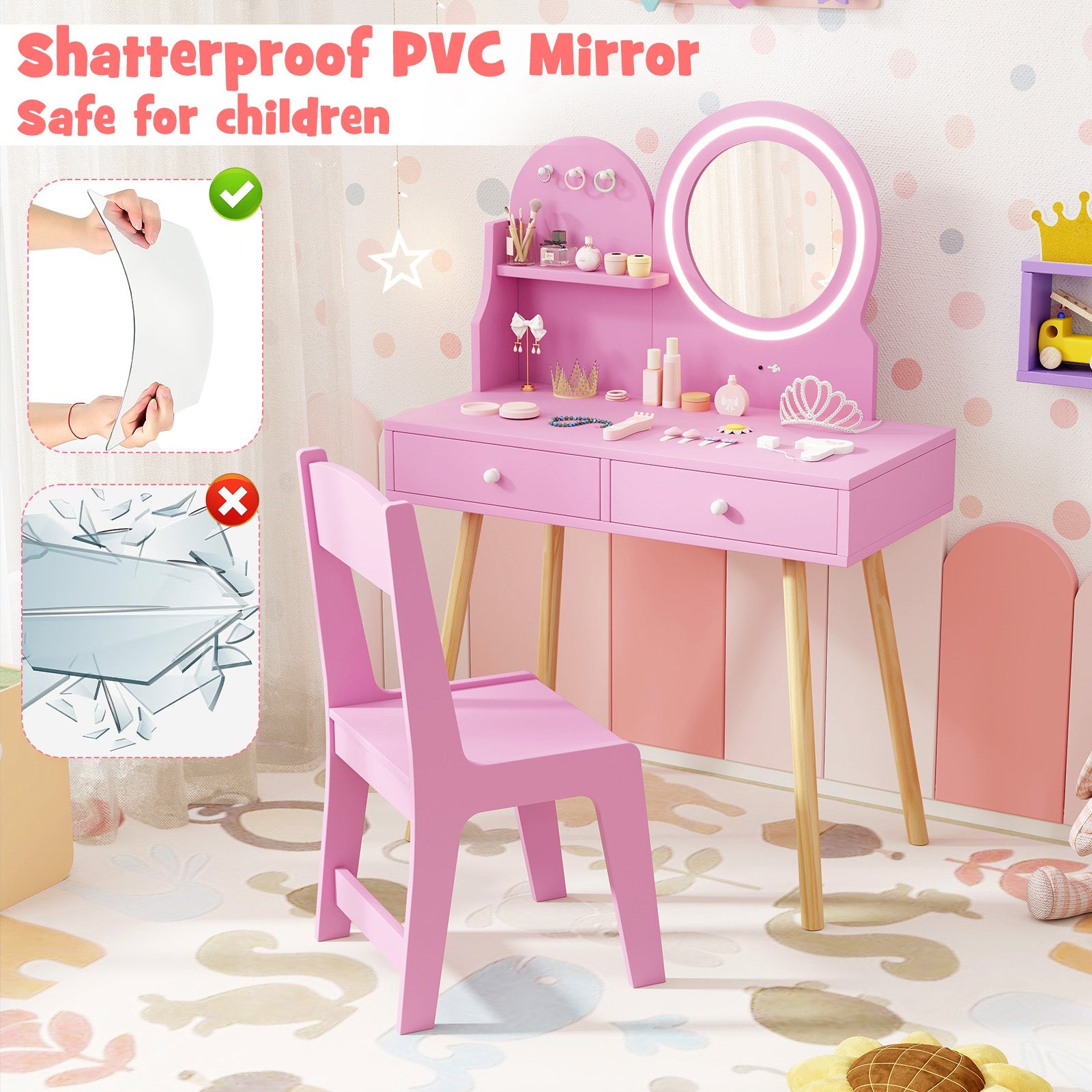 Kids Princess Makeup Dressing Desk and Chair Set with Mirror and Lights - Tampa Home & Garden Store