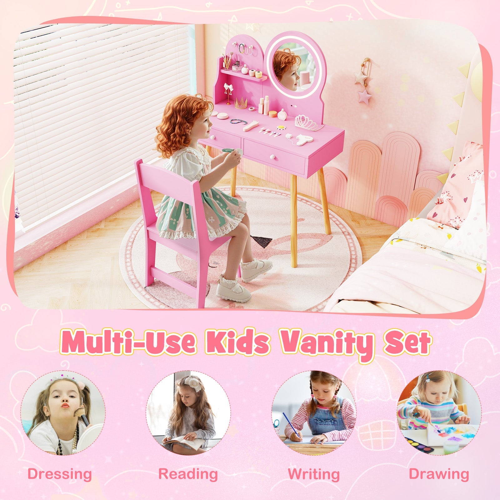 Kids Princess Makeup Dressing Desk and Chair Set with Mirror and Lights - Tampa Home & Garden Store