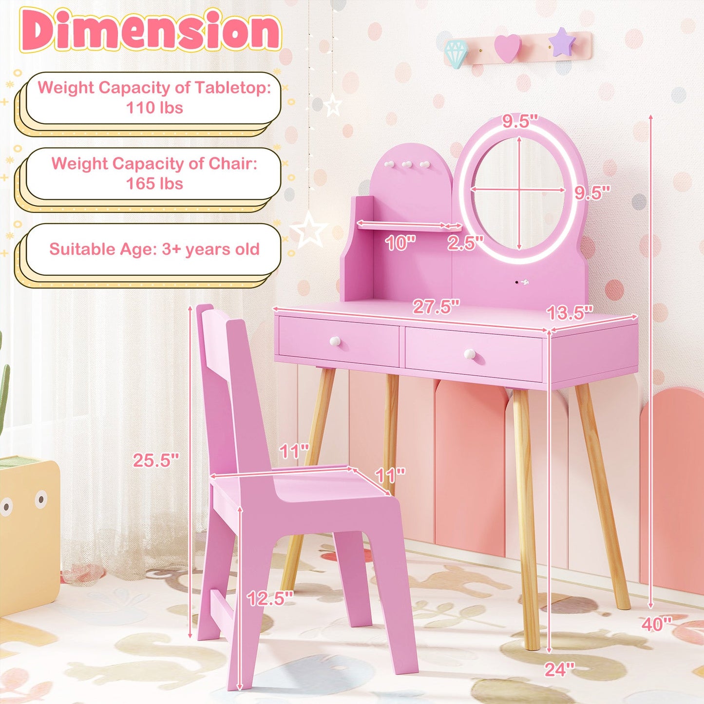 Kids Princess Makeup Dressing Desk and Chair Set with Mirror and Lights - Tampa Home & Garden Store