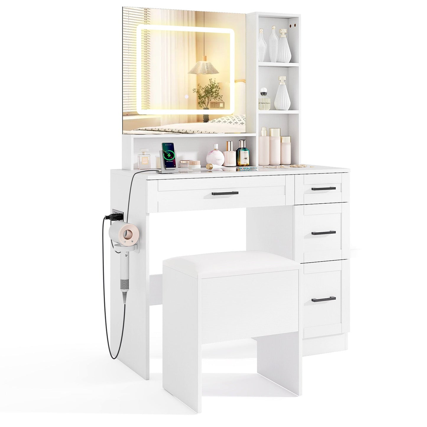 Tocador con 3 colores de iluminación y soporte para secador de pelo - Blanco
