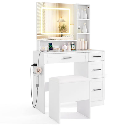 Tocador con 3 colores de iluminación y soporte para secador de pelo - Blanco