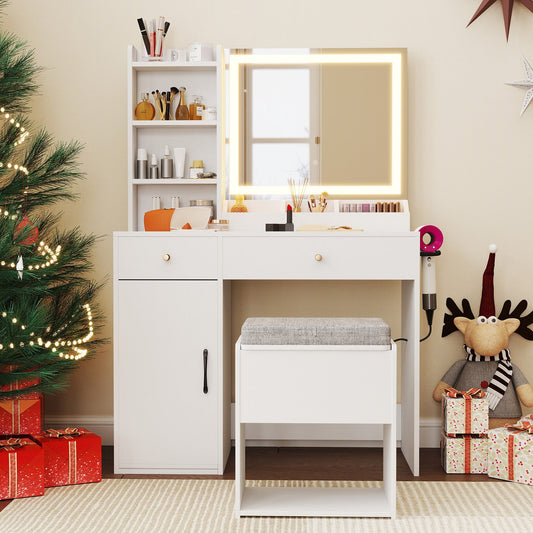 Tocador con espejo y luces y silla - Blanco